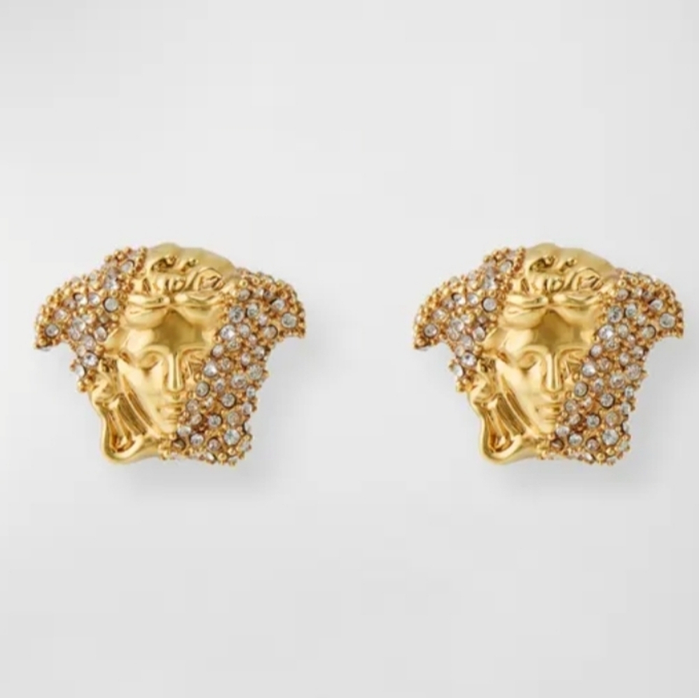 LARGE VERSACE MEDUSA HEAD GOLD STUD EARRINGS WITH CRYSTALS - Picture 8 of 9